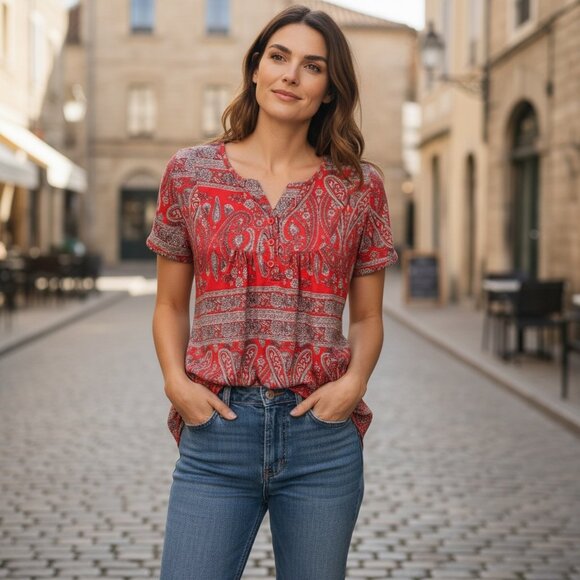 Halife Short Sleeve Henley Tunic Top Paisley Red Sz M #3E - Picture 3 of 7